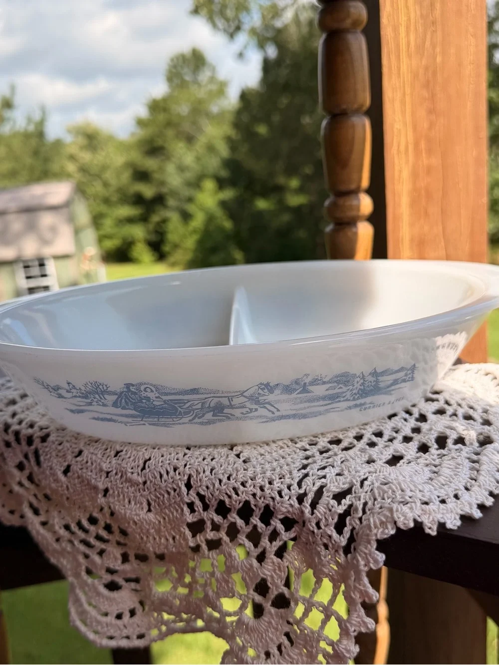 Vintage Glasbake Divided Casserole Dish with Currier and Ives Print